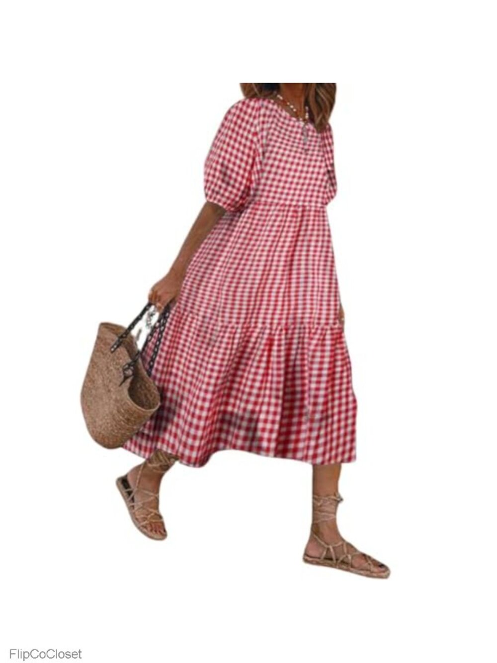 Vintage Lantern Puff Sleeve Plaid Swing Tiered Midi Dress